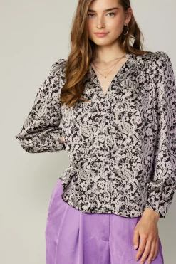 Long Sleeve Tops-Current Air Jacquard Paisley Blouse BLACK