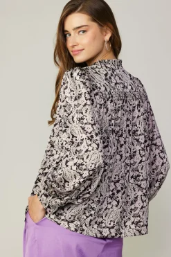 Long Sleeve Tops-Current Air Jacquard Paisley Blouse BLACK