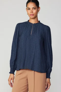 Long Sleeve Tops-Current Air Jacquard Ruffled Neck Blouse NAVY
