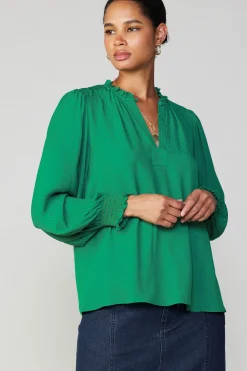 Long Sleeve Tops-Current Air Jacquard Ruffled Neck Blouse GREEN