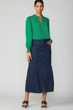 Long Sleeve Tops-Current Air Jacquard Ruffled Neck Blouse GREEN