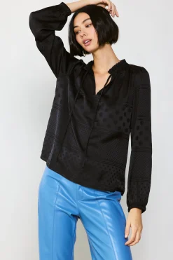 Long Sleeve Tops-Current Air Jacquard Split Neck Blouse BLACK