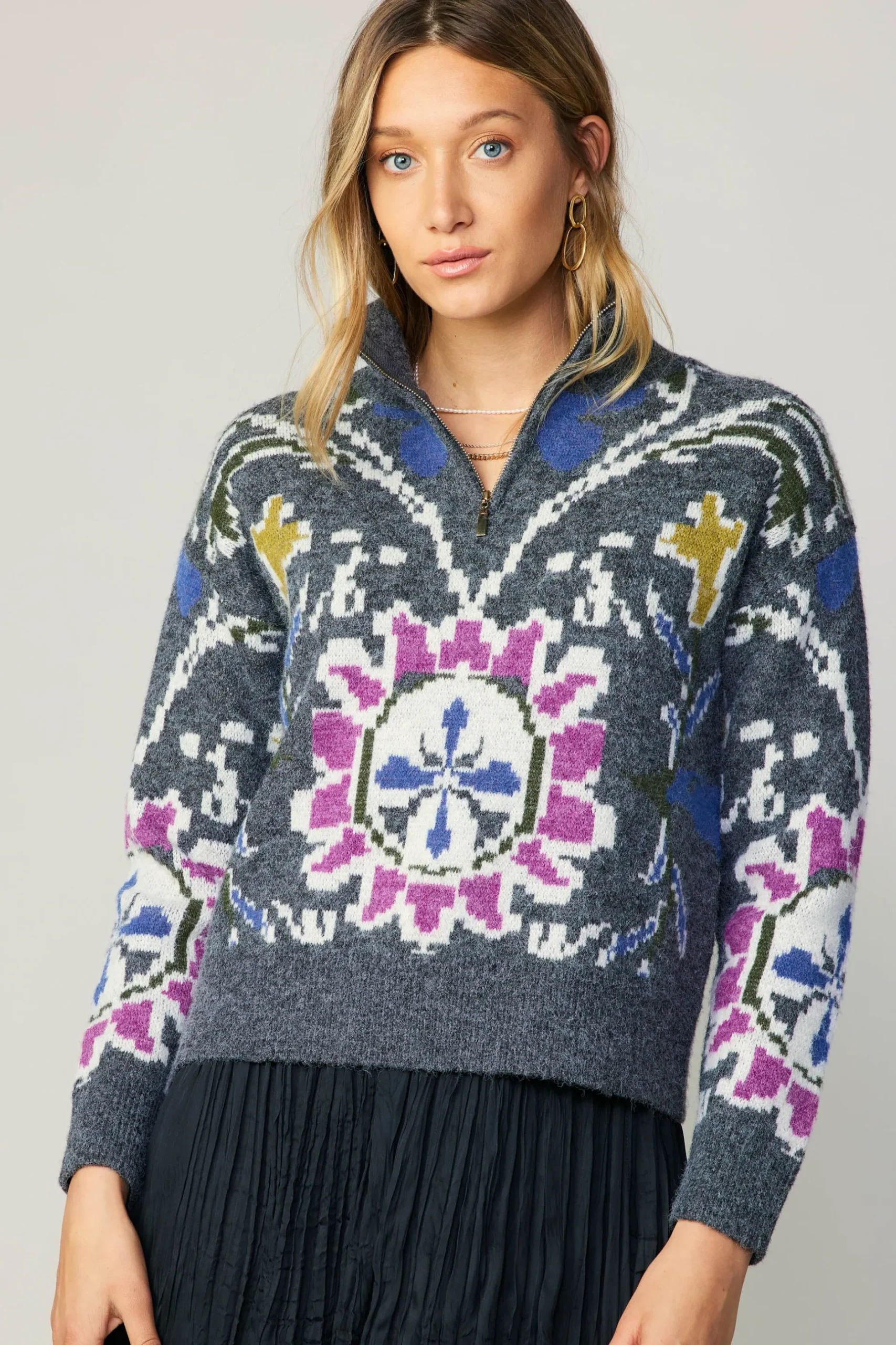 Sweaters-Current Air Jacquard Zip Sweater MULTI