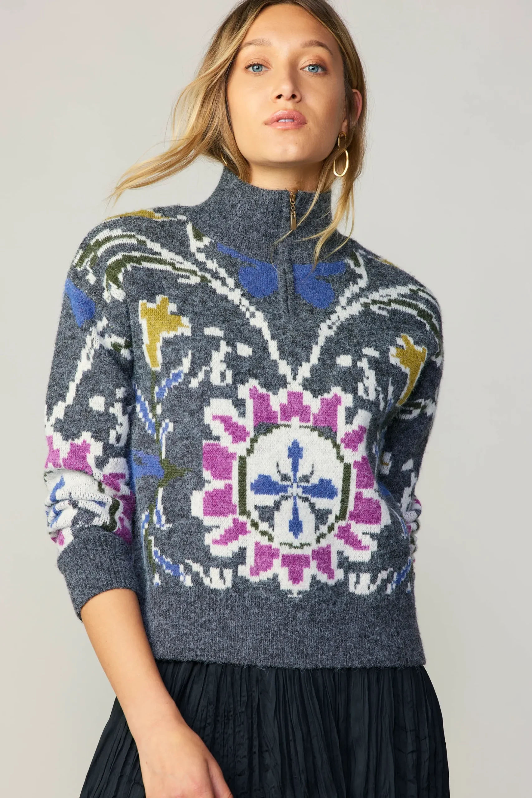 Sweaters-Current Air Jacquard Zip Sweater MULTI