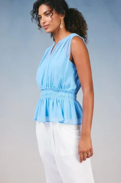 Sleeveless Tops-Current Air Keyhole Organza Top PASTELBLUE