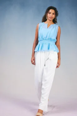Sleeveless Tops-Current Air Keyhole Organza Top PASTELBLUE