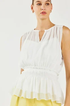 Sleeveless Tops-Current Air Keyhole Organza Top WHITE