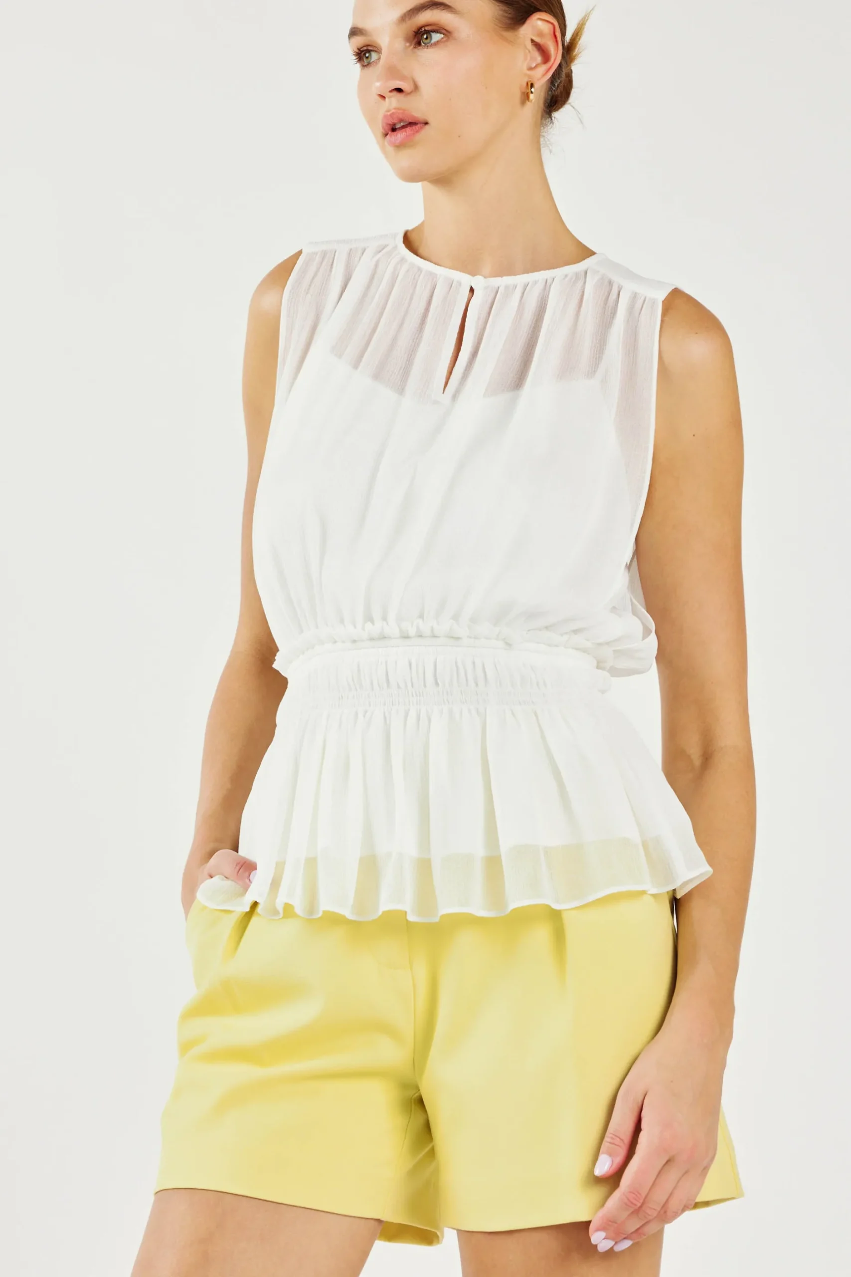 Sleeveless Tops-Current Air Keyhole Organza Top WHITE