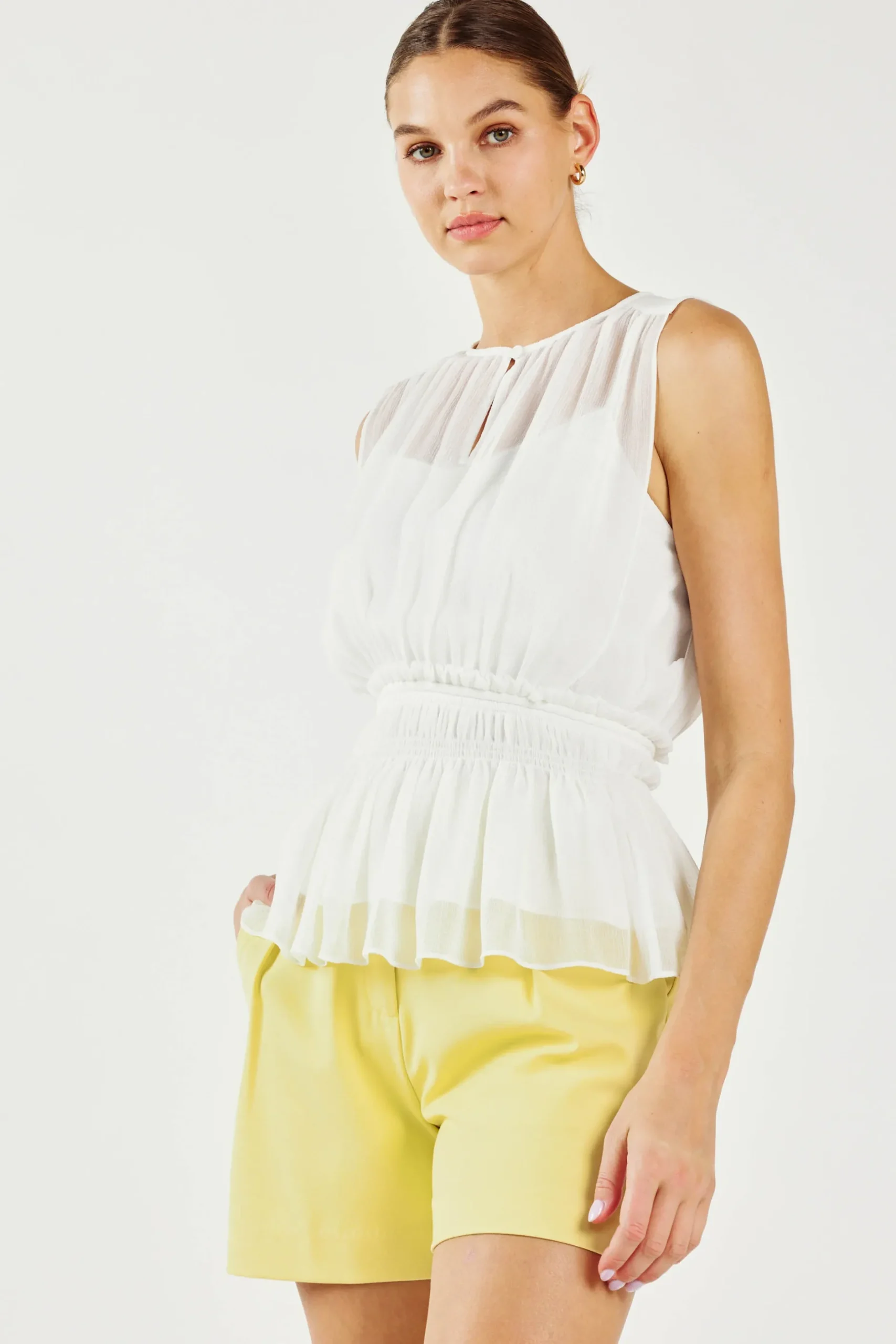 Sleeveless Tops-Current Air Keyhole Organza Top WHITE