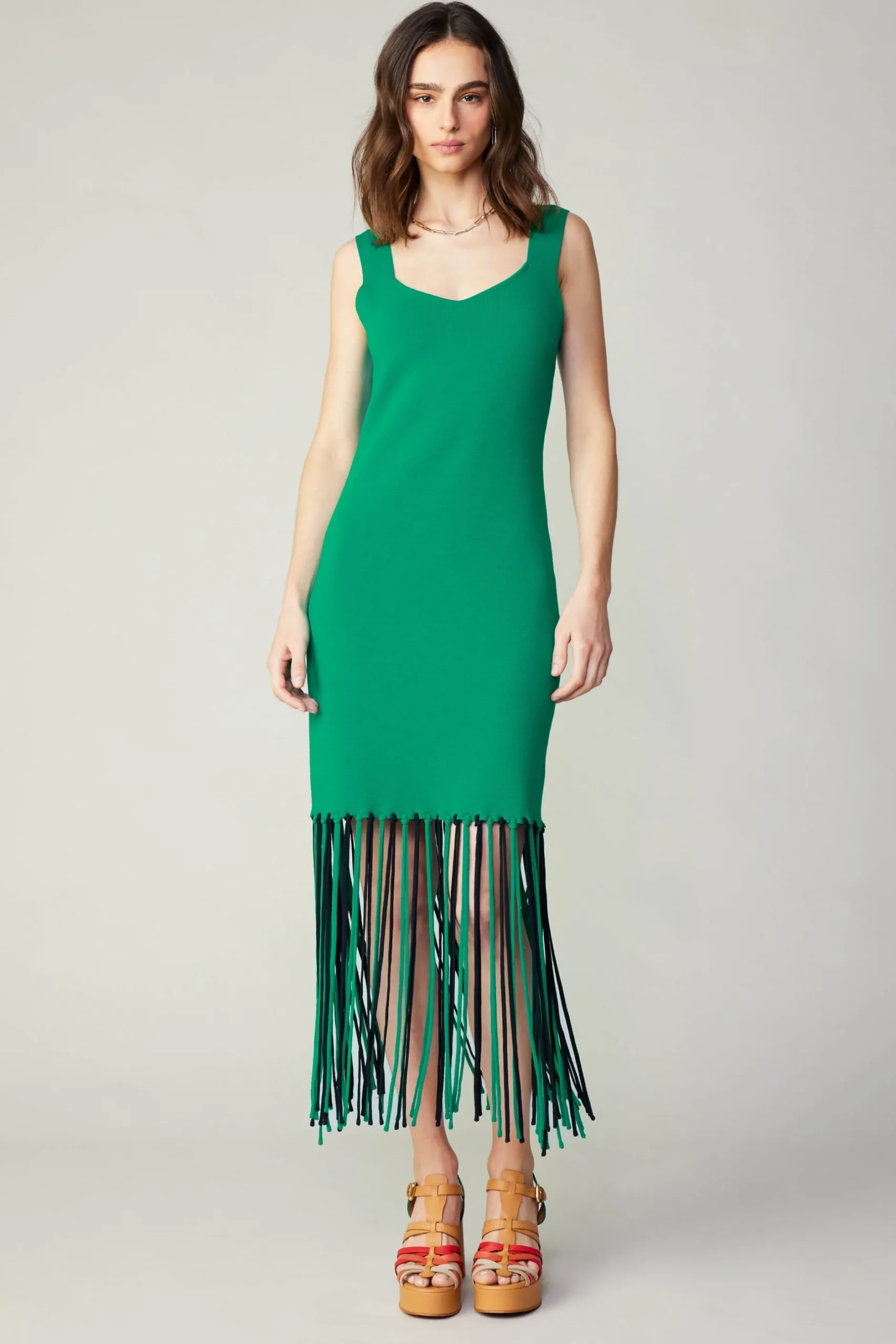 Knitwear|Midi Dresses-Current Air Knit Fringe Hem Dress AQUAGREEN