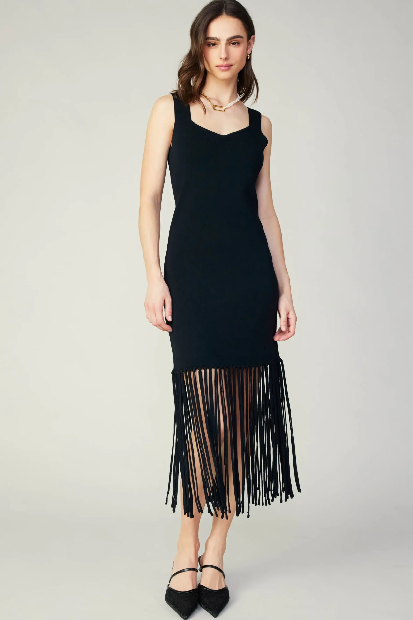 Knitwear|Midi Dresses-Current Air Knit Fringe Hem Dress BLACK