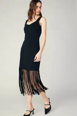 Knitwear|Midi Dresses-Current Air Knit Fringe Hem Dress BLACK