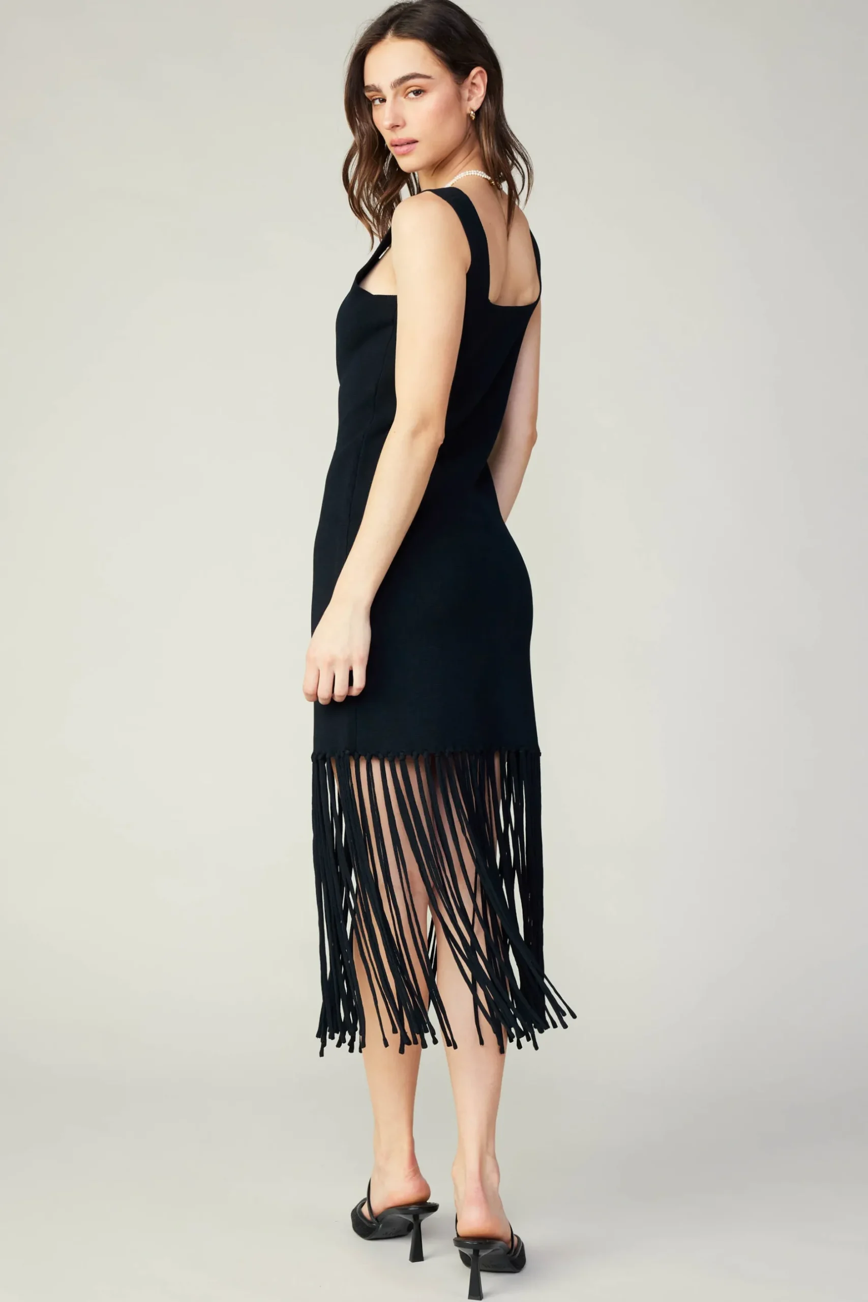Knitwear|Midi Dresses-Current Air Knit Fringe Hem Dress BLACK