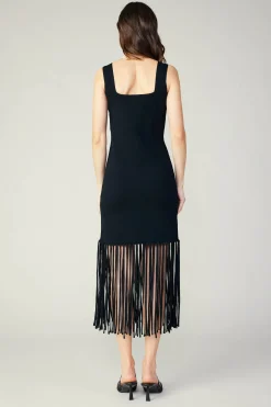 Knitwear|Midi Dresses-Current Air Knit Fringe Hem Dress BLACK