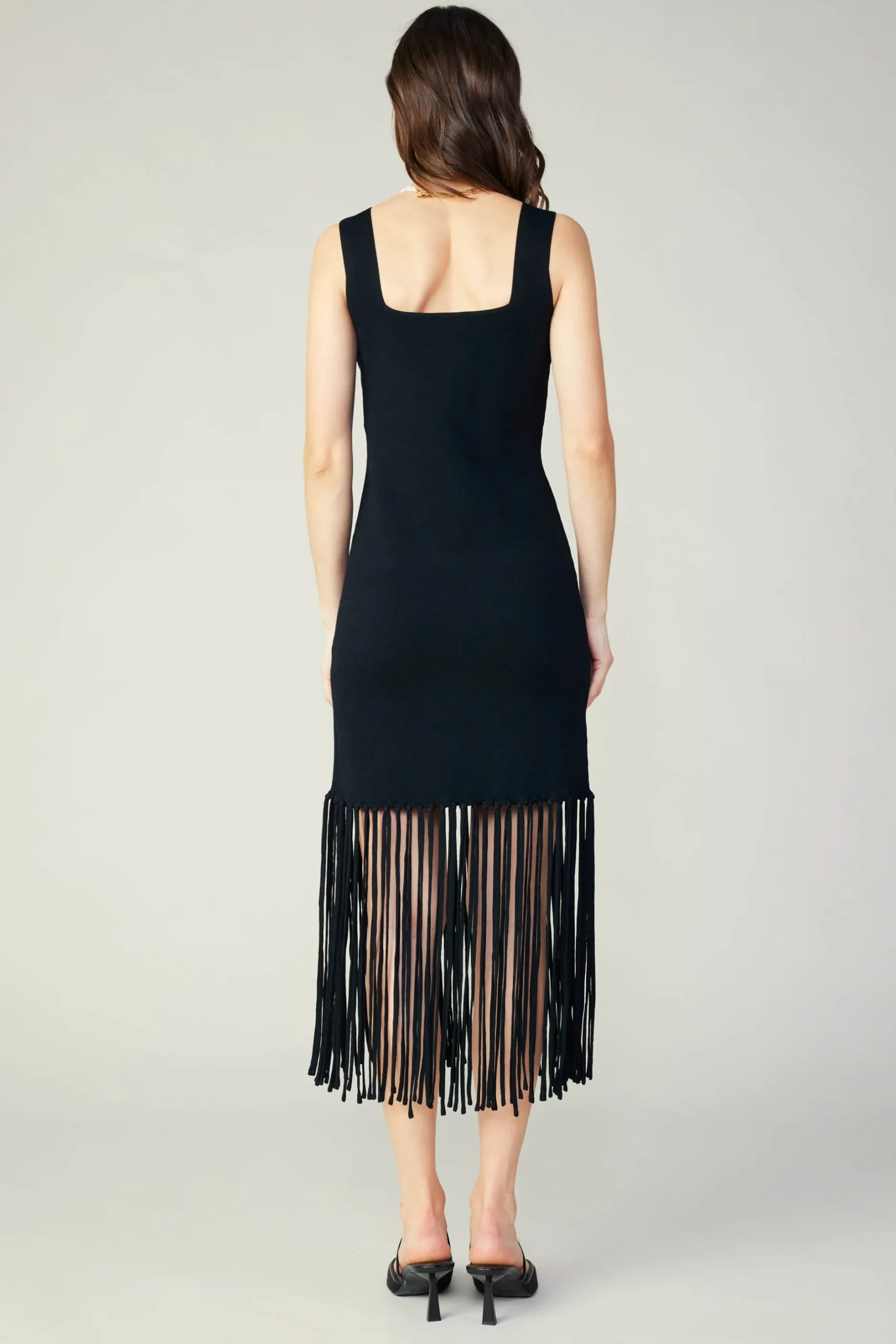Knitwear|Midi Dresses-Current Air Knit Fringe Hem Dress BLACK