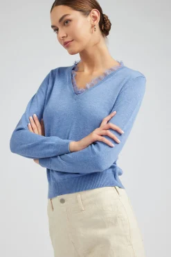 Knitwear|Sweaters-Current Air Lace Detail Sweater Top SOFTBLUE