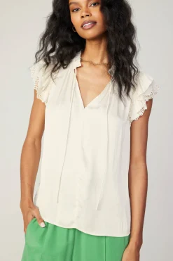 Short Sleeve Tops-Current Air Lace Flutter Sleeve Blouse CREAM