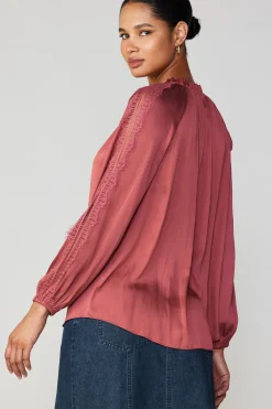 Long Sleeve Tops-Current Air Lace Panel Blouse ROUGE