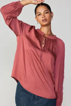 Long Sleeve Tops-Current Air Lace Panel Blouse ROUGE