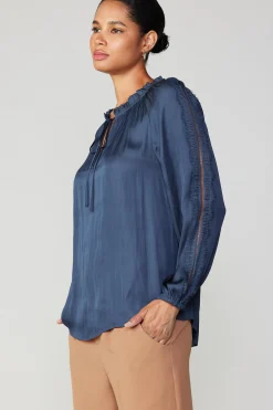 Long Sleeve Tops-Current Air Lace Panel Blouse NAVY