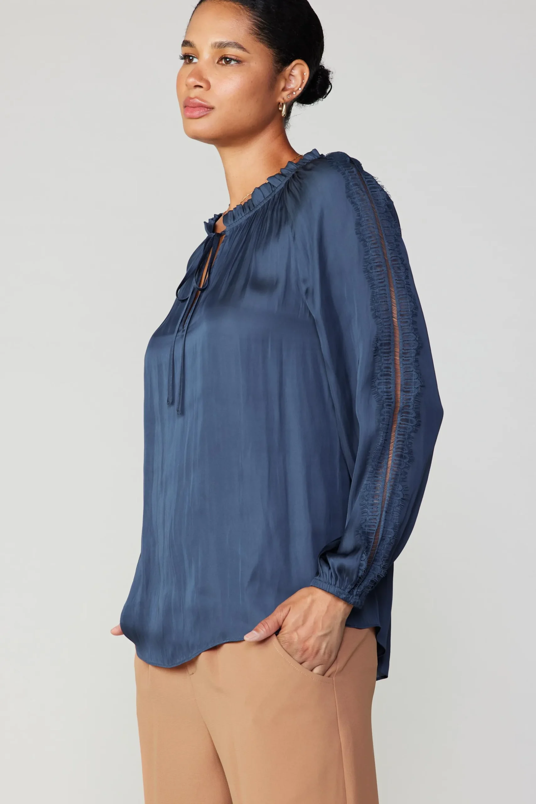 Long Sleeve Tops-Current Air Lace Panel Blouse NAVY