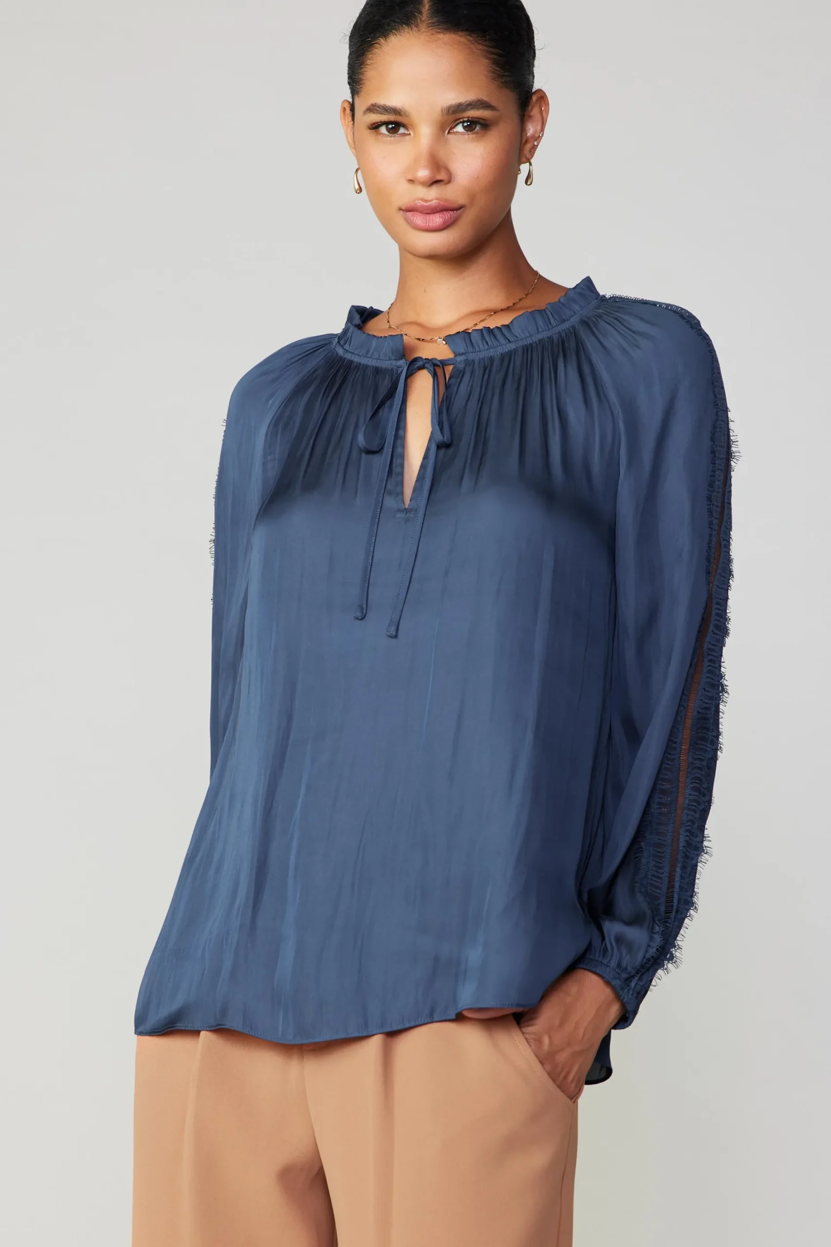 Long Sleeve Tops-Current Air Lace Panel Blouse NAVY