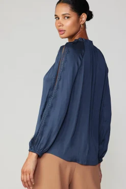 Long Sleeve Tops-Current Air Lace Panel Blouse NAVY