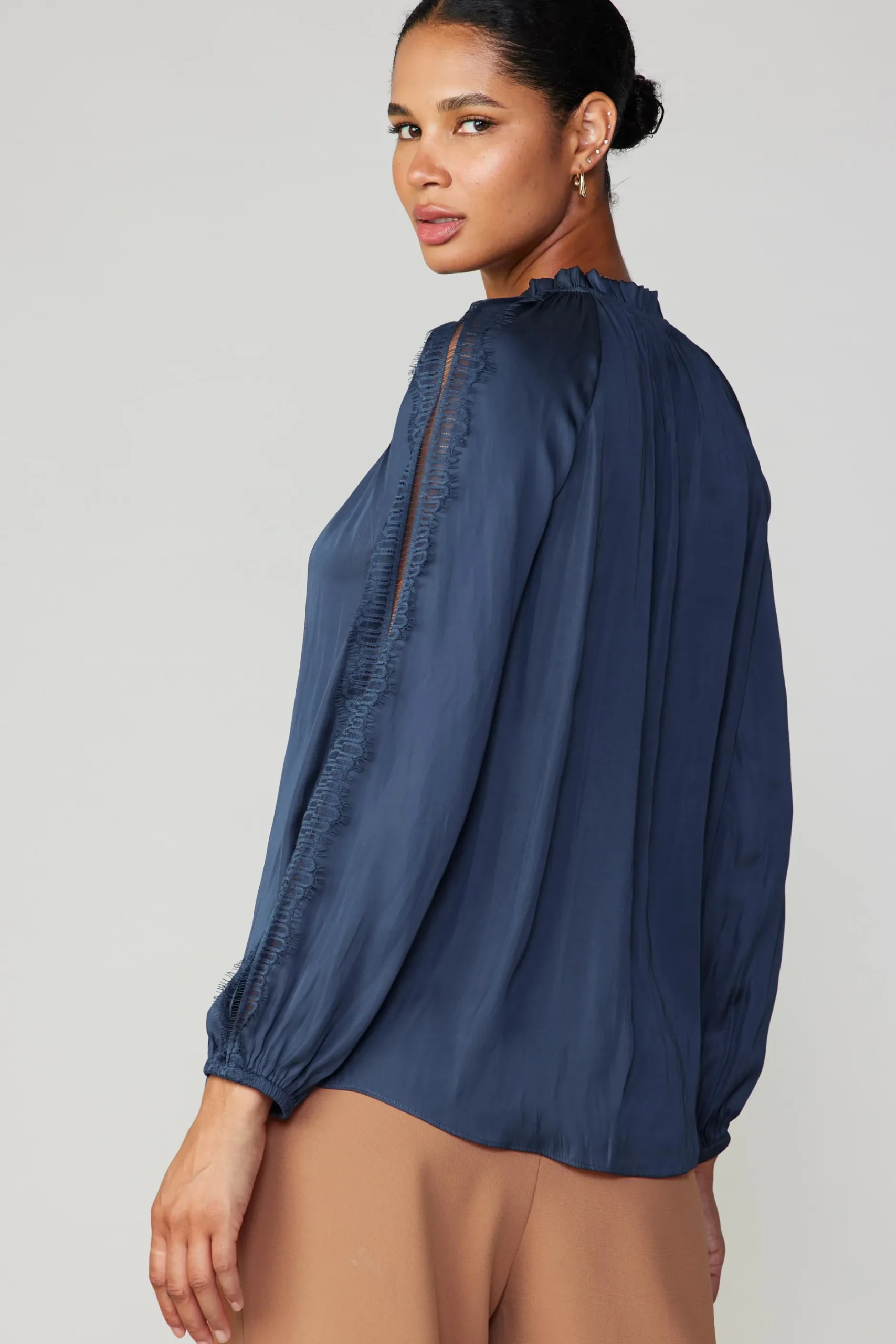 Long Sleeve Tops-Current Air Lace Panel Blouse NAVY