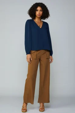 Long Sleeve Tops-Current Air Lace Trim Blouse NAVY