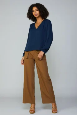 Long Sleeve Tops-Current Air Lace Trim Blouse NAVY