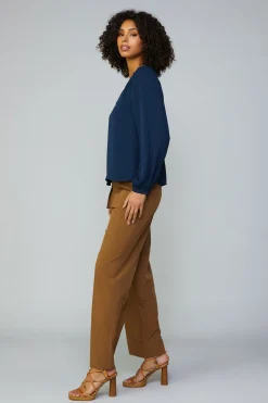 Long Sleeve Tops-Current Air Lace Trim Blouse NAVY