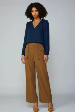 Long Sleeve Tops-Current Air Lace Trim Blouse NAVY