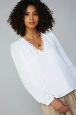 Long Sleeve Tops-Current Air Lace Trim Blouse WHITE