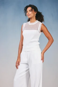 Knitwear|Sleeveless Tops-Current Air Lace Yoke Top WHITE