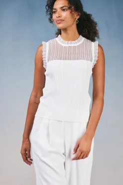 Knitwear|Sleeveless Tops-Current Air Lace Yoke Top WHITE