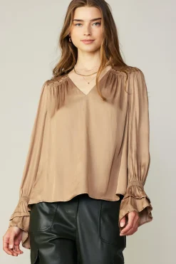 Long Sleeve Tops-Current Air Layered Cuff Blouse SAND