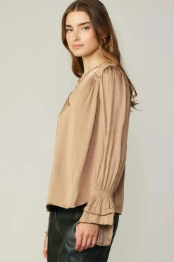 Long Sleeve Tops-Current Air Layered Cuff Blouse SAND