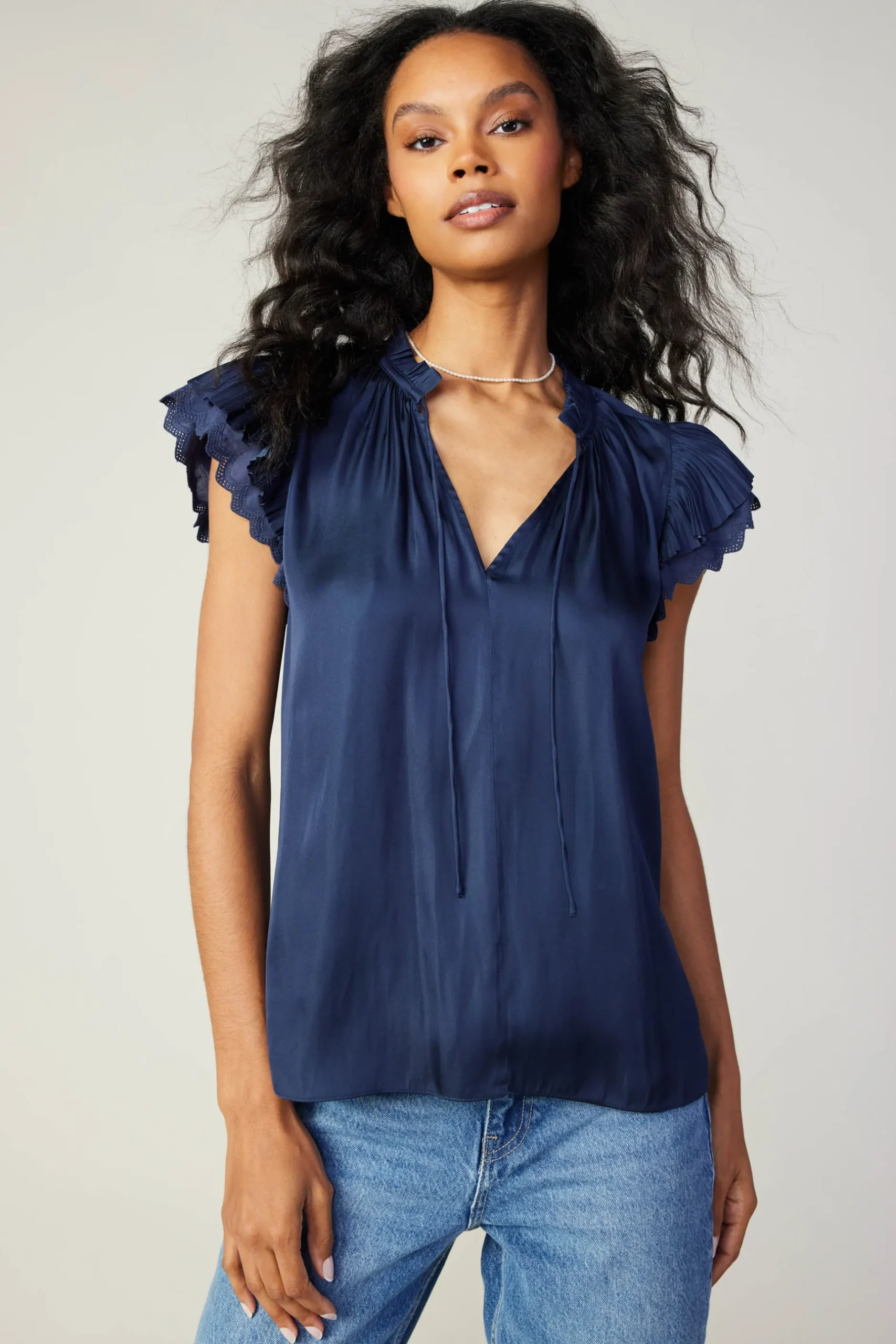 Short Sleeve Tops-Current Air Layered Lace Sleeve Top NAVY