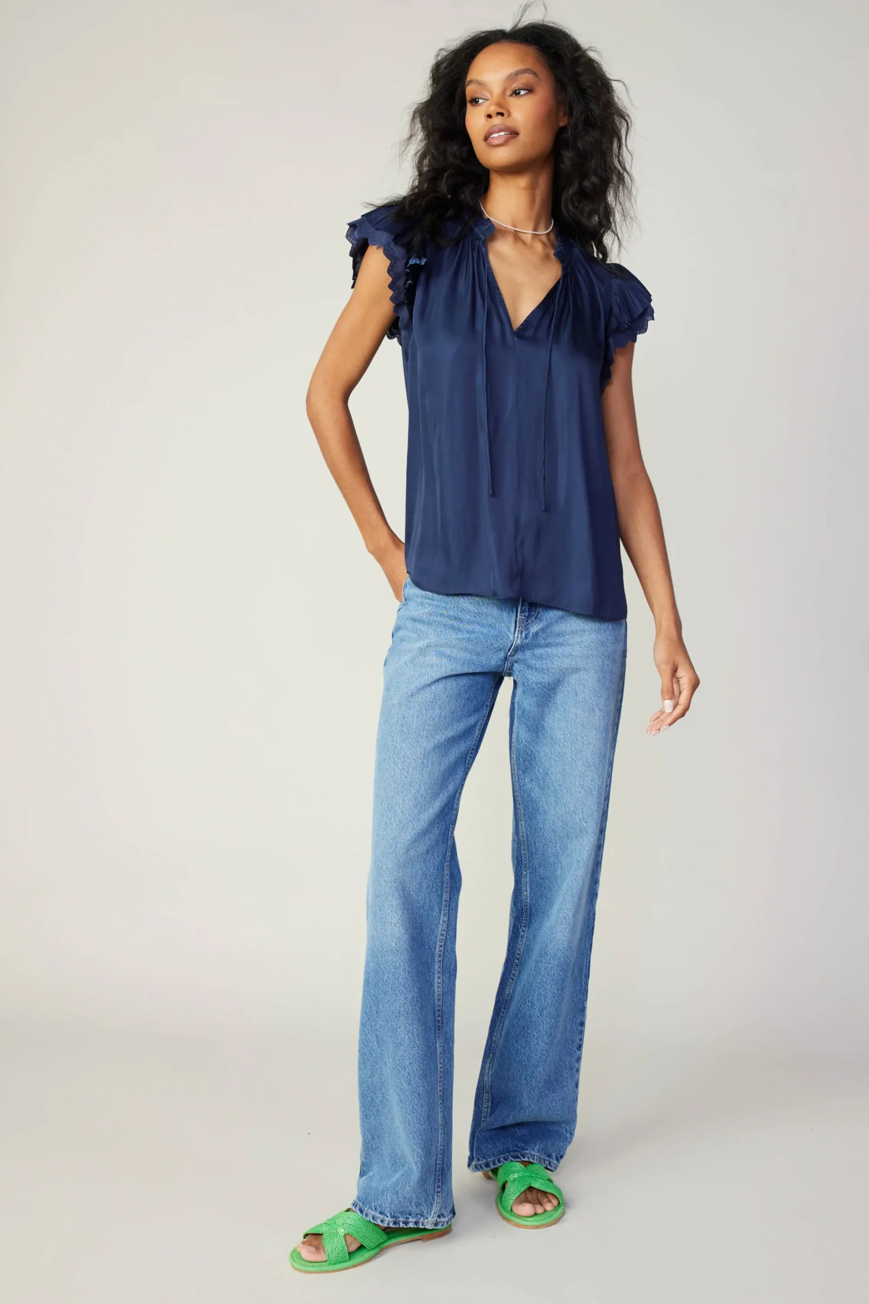 Short Sleeve Tops-Current Air Layered Lace Sleeve Top NAVY