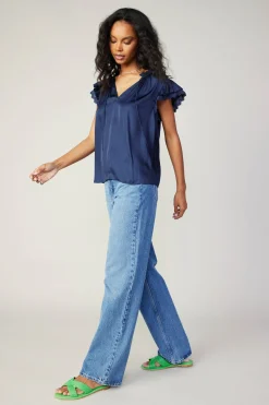 Short Sleeve Tops-Current Air Layered Lace Sleeve Top NAVY