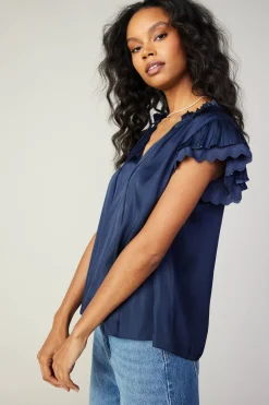 Short Sleeve Tops-Current Air Layered Lace Sleeve Top NAVY