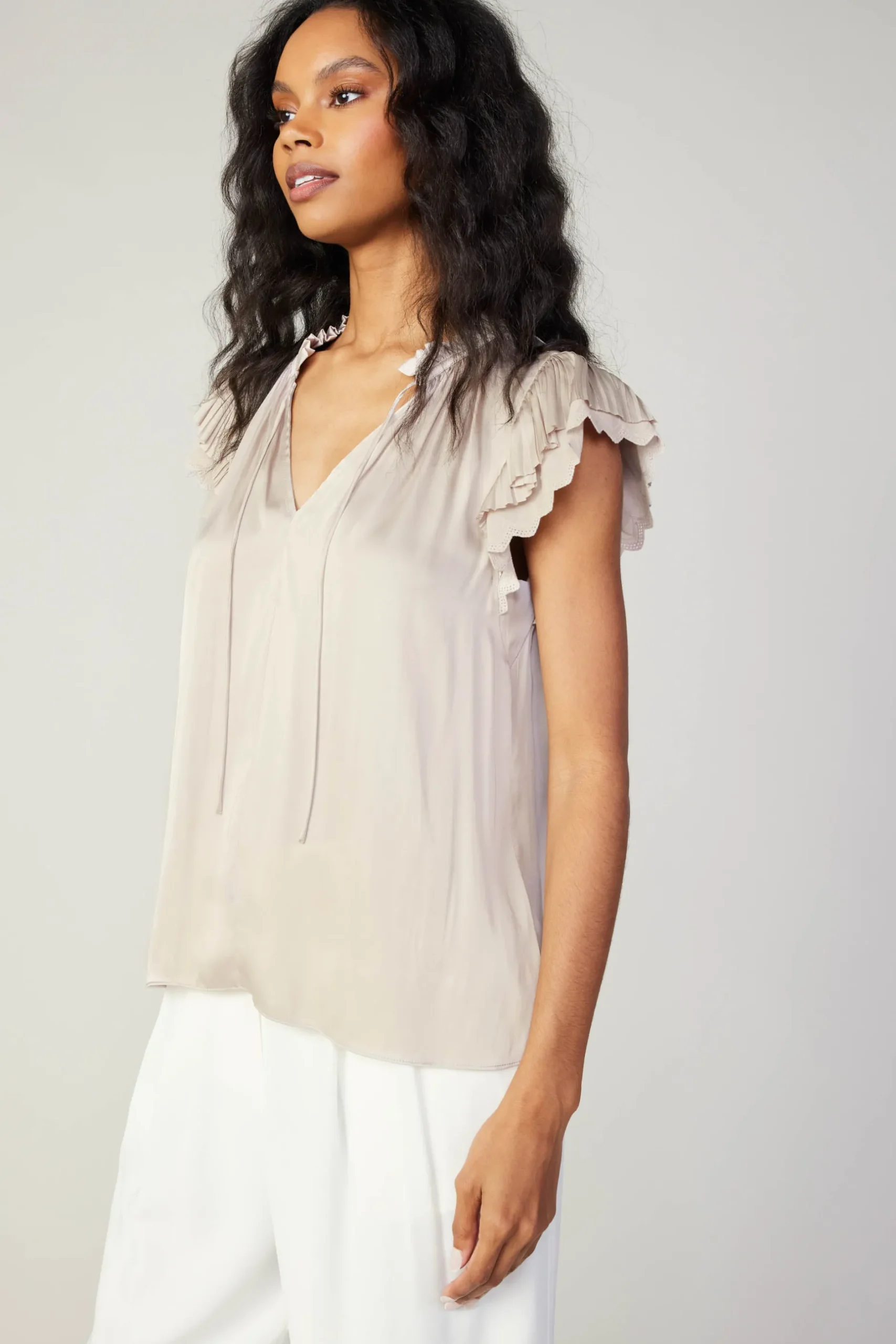 Short Sleeve Tops-Current Air Layered Lace Sleeve Top TAUPE