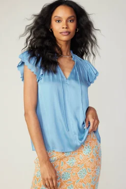 Short Sleeve Tops-Current Air Layered Lace Sleeve Top BABYBLUE
