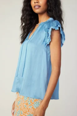 Short Sleeve Tops-Current Air Layered Lace Sleeve Top BABYBLUE