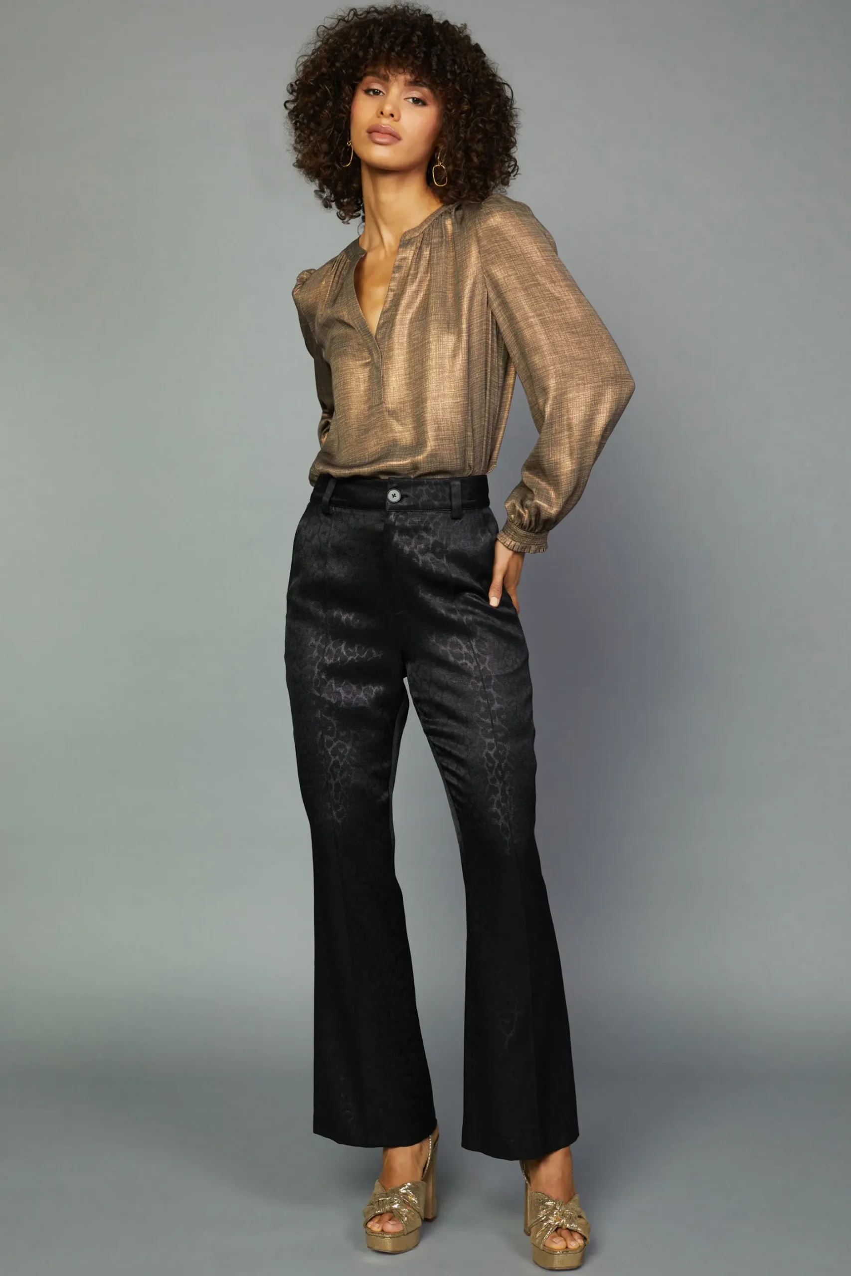 Pants-Current Air Leopard Jacquard Flare Pants BLACK-LEOPARD