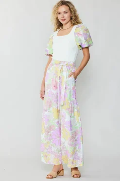 Pants-Current Air Linen Blend Floral Pants PINK