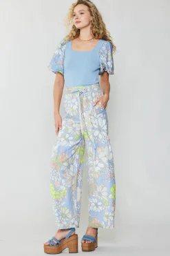 Pants-Current Air Linen Blend Floral Pants BLUE