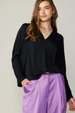 Long Sleeve Tops-Current Air Long Pleated Sleeve Blouse BLACK