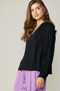 Long Sleeve Tops-Current Air Long Pleated Sleeve Blouse BLACK