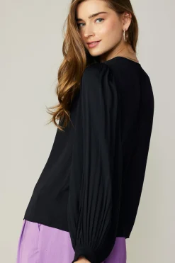 Long Sleeve Tops-Current Air Long Pleated Sleeve Blouse BLACK